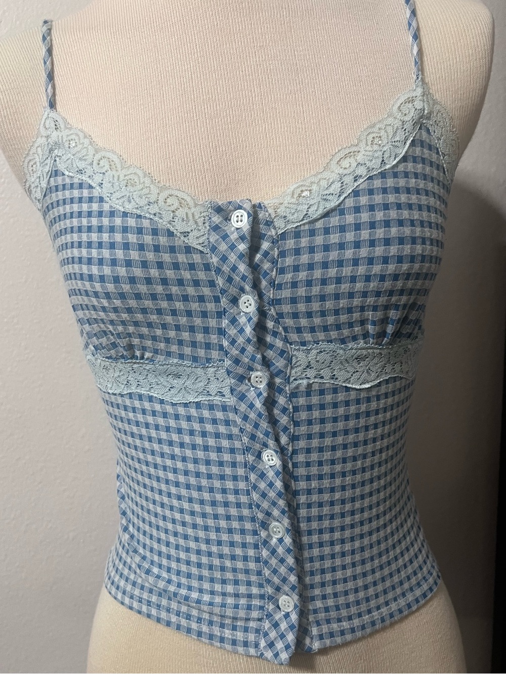 Blue Gingham Lace-Trim Button-Front Cami